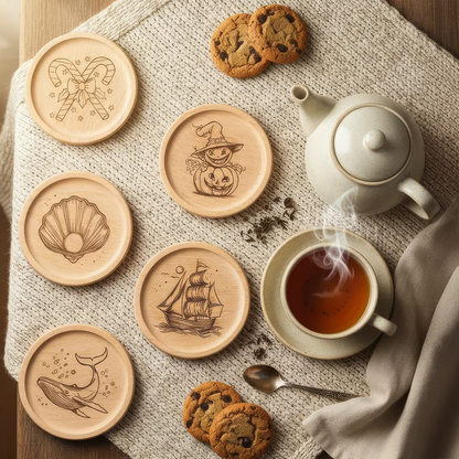 Wooden coasters with engravings on a table with tea and cookies.